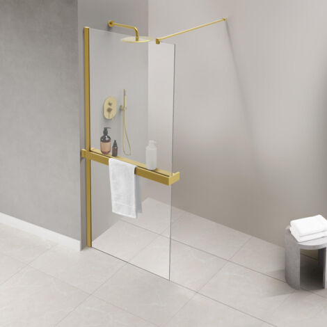 Portant serviettes pour paroi de douche – Laiton brossé doré – Longueur 140 cm – Hauteur 6.5 cm – Fixation murale élégante – Fortifura