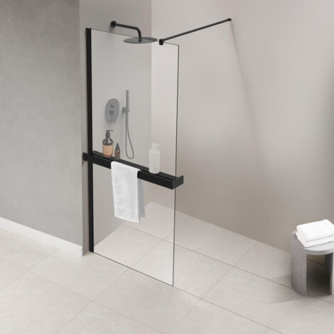 Fortifura – Porte-serviettes mural pour douche à l’italienne – Fixation sur verre – Longueur 140 cm – Noir mat – Recoupable (1/5)