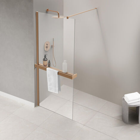 Fortifura – Porte-serviettes mural pour douche à l’italienne – Fixation sur verre – Longueur 140 cm – Cuivre brossé – Modèle recoupable (1/5)