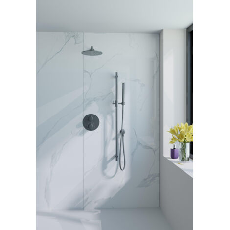 Fortifura Calvi Colonne de douche pluie - encastrable - ronde - thermostatique - bras mural - barre curseur - pomme 25cm - douchette stick - gunmetal (1/5)