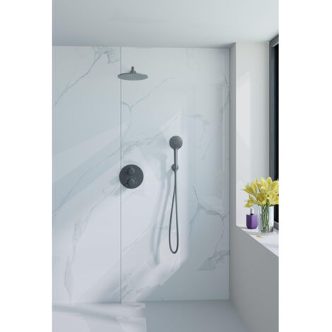 Fortifura Calvi Ensemble de douche à l'italienne - rond - thermostatique - bras mural - douche principale de 25 cm - douchette ronde - flexible lisse (1/5)