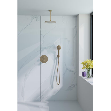 Fortifura Calvi Colonne de douche pluie - encastrable - ronde - thermostatique - bras plafond - pomme 25cm - douchette ronde - laiton brossé (1/5)