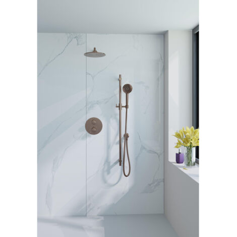 Fortifura Calvi Colonne de douche pluie - encastrable - ronde - thermostatique - bras mural - barre curseur - pomme 25cm - douchette ronde - cuivre (1/5)