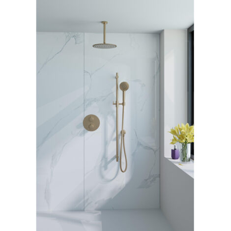 Fortifura Calvi Colonne de douche pluie - encastrable - ronde - thermostatique - bras plafond - barre curseur - pomme 25cm - douchette ronde - laiton (1/5)