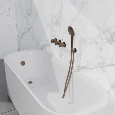 Fortifura Nebbio Ensemble robinetterie bain - mitigeur thermostatique - coude mural avec support de douchette - flexible de douche lisse - douchette (1/5)