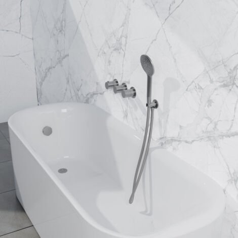Fortifura Nebbio Ensemble robinetterie bain - mitigeur thermostatique - coude mural avec support de douchette - flexible de douche lisse - douchette (1/5)