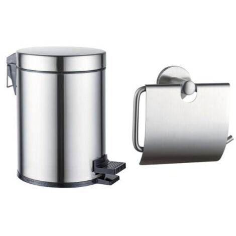Fortifura Calvi ensemble d'accessoires pour toilettes - porte-rouleau - avec couvercle - poubelle à pédale - 5 litres - acier inoxydable brossé (1/3)