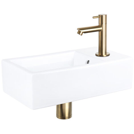 Differnz Force Set lave-mains 40x22x8cm 1 trou avec robinet droit et siphon + bonde dorés mat Rectangulaire Céramique Blanc (1/5)