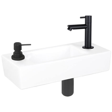 Differnz Sapon kit lave-mains - 42,5x18,5x9cm - Rectangulaire - 1 trou de robinet - Noir mat - Céramique Blanc