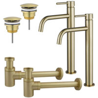 FugaFlow Eccelente Sobrado Slim Kit robinet lavabo - pour double vasque - robinet rehaussé - bonde non-obturable - siphon design bas - Laiton brossé