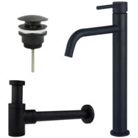 FugaFlow Eccelente Sobrado Slim Slim Kit mitigeur lavabo - robinet rehaussé - bonde clic clac - siphon design bas - Noir mat