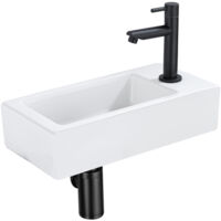 QeramiQ Lave-mains Kit lave-mains - 37.5x18.5x9cm - céramique - trou de robinet à droite - robinet lave-mains noir mat - bonde de vidage - siphon