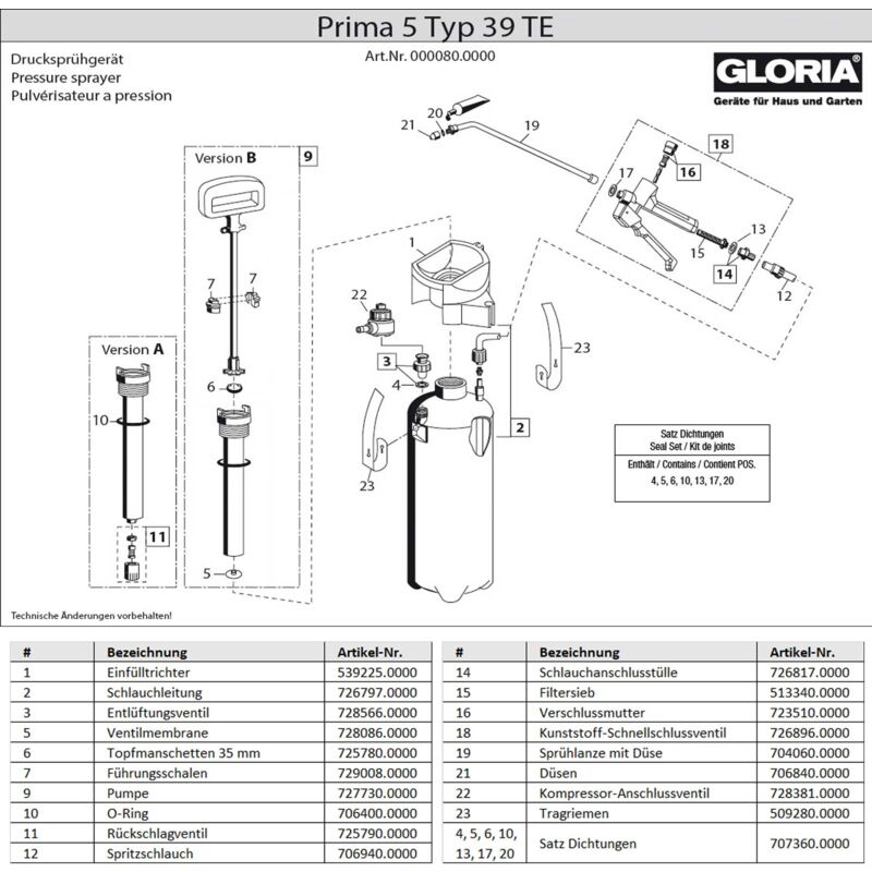 GLORIA Set De Joints Pour Pulvérisateurs - Non-Résistant à L'Huile - Pièce Détachée