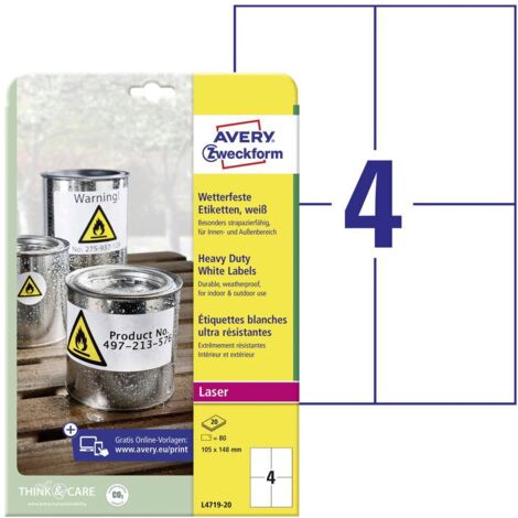 Etiquette plastique Avery-Zweckform L4719-20 105 x 148 mm film de polyester blanc 80 pc(s) fixation permanente (1/4)