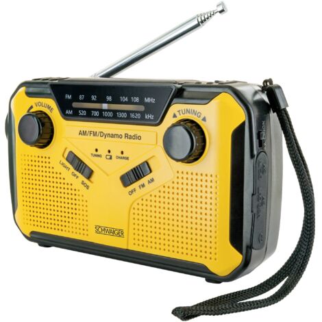 Schwaiger Radio d'extérieur FM, AM, FM manivelle, panneau solaire, protégé contre les projections d'eau, résistant aux coups, lampe de poche jaune C305942 (1/5)