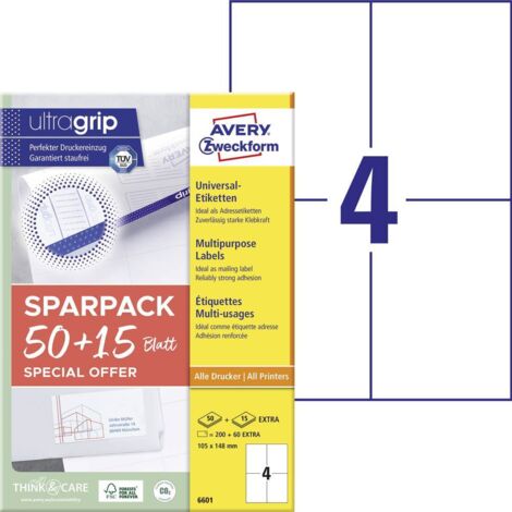 Avery-Zweckform 6601 Etiquette universelles 105 x 148 mm papier blanc 260 pc(s) fixation permanente imprimante laser co (1/4)