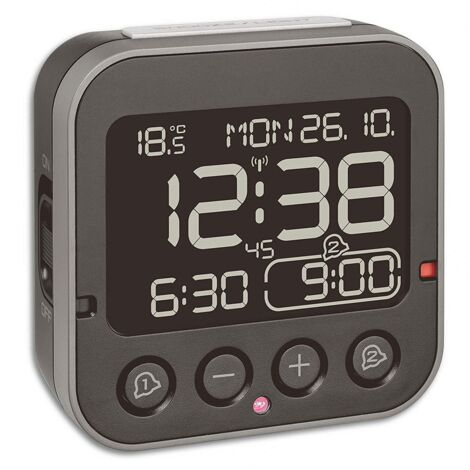 TFA Dostmann 60.2552.01 radiopiloté(e) Réveil noir Heures de réveil 2 grand écran (1/5)