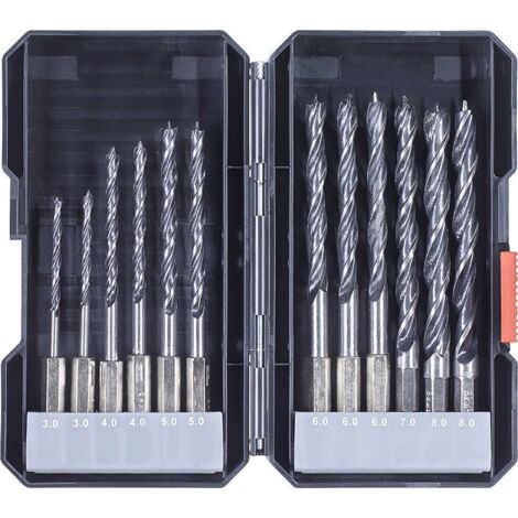 kwb 108830 Jeu de forets pour le bois 12 pièces 3 mm, 4 mm, 5 mm, 6 mm, 7 mm, 8 mm mandrin à serrage rapide, mandrin à (1/3)
