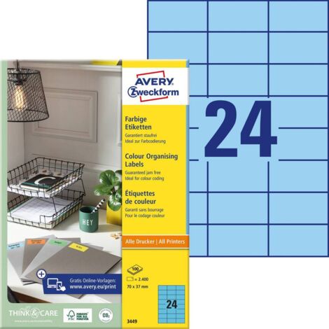 Avery-Zweckform 3449 Etiquette universelles 70 x 37 mm papier bleu 2400 pc(s) fixation permanente imprimante à jet d'en (1/4)
