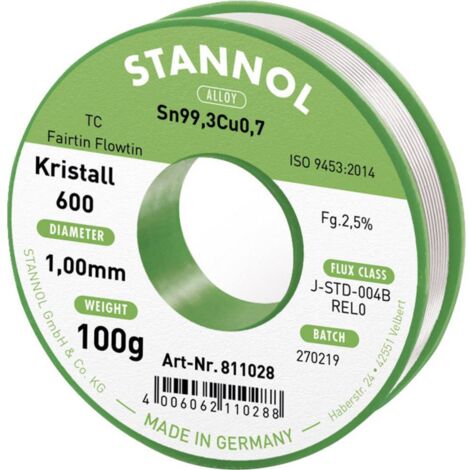 Stannol Kristall 600 Fairtin Étain à souder sans plomb sans plomb Sn99,3Cu0,7 REL0 100 g 1 mm