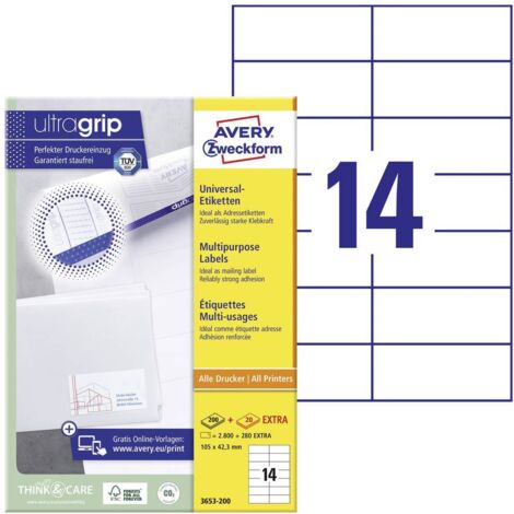 Avery-Zweckform 3653-200 Etiquette universelles 105 x 42.3 mm papier blanc 3080 pc(s) fixation permanente imprimante la (1/4)