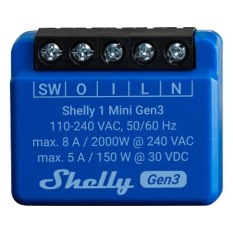 Actionneur de commutation Wi-Fi Shelly 1 Mini Gen3 – 240V AC, 8A, Bluetooth 4.2 – Intégration Alexa et Google Home – Commande à distance