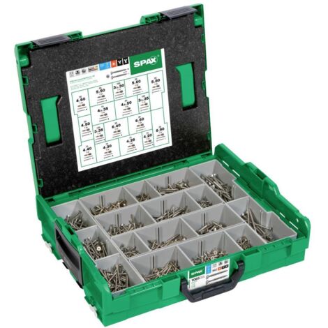 Spax – Assortiment de vis combinées 1065 pièces – Acier inoxydable A2 – Tête fraisée – Compatible systèmes Sortimo - V896733