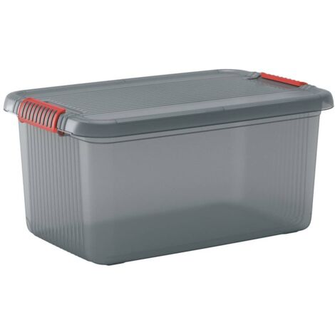 Boîte de rangement empilable 43L – Dimensions 590x390x280mm – Plastique gris fumé – Fermeture clipsable et poignées ergonomiques – KIS