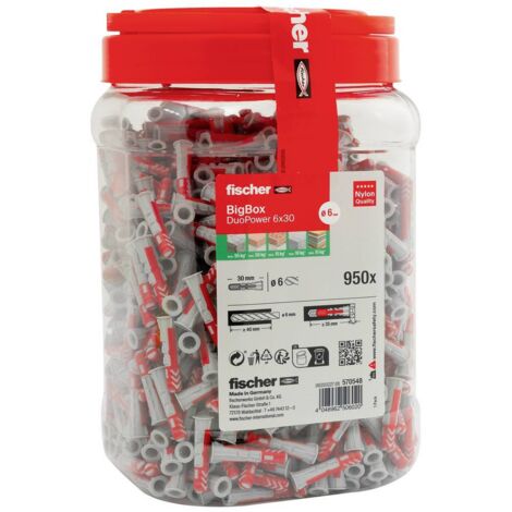Fischer – Cheville DuoPower 6x30 570548 – 950 pièces – Polyamide pour béton et brique – Installation facile sans glissement