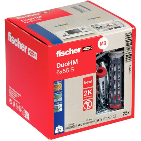 Fischer – Cheville pour corps creux 6x55mm – Charge élevée jusqu'à 30mm – Montage rapide avec visseuse – Lot de 25 pièces