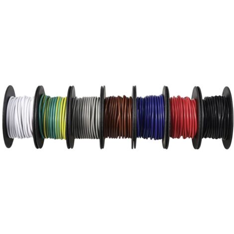 Tru Components – Fil de câblage 1.5 mm² noir, blanc, rouge, bleu, marron, gris, jaune-vert – 5 m par couleur – Isolation PVC pour températures -15°C à 80°C