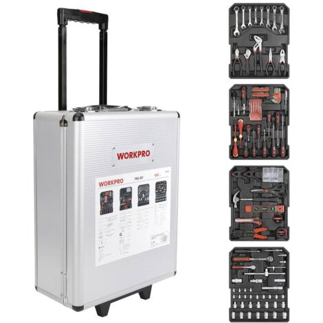 Workpro – Set d'outils 1050 pièces – Malette aluminium 37 x 20 x 51 cm – Acier carbone et inox – Transport facile avec roulettes - WP1050 (1/6)