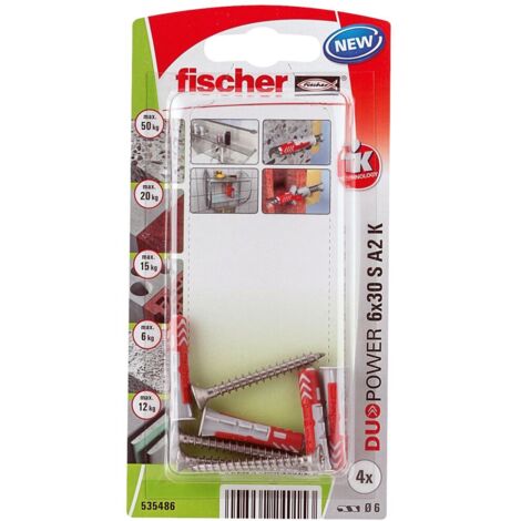 Blister de 4 chevilles universelles Duopower Ø6 x 30 mm + vis inox A2 Ø4,5 x 40 mm - Fischer (1/5)