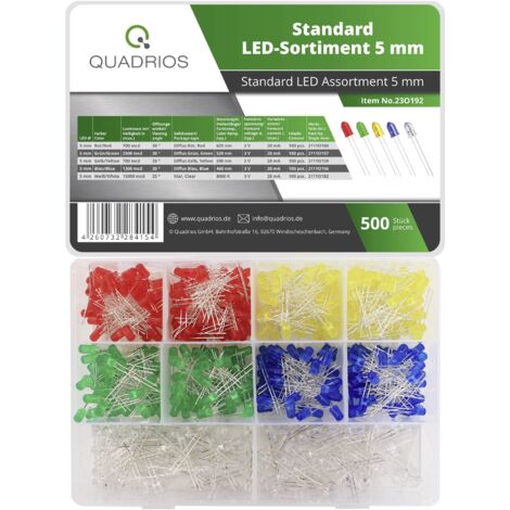Quadrios 23O192 Assortiment de LEDs rouge, vert, jaune, bleu, blanc 5 mm 20 mA 2 V, 3 V (1/4)