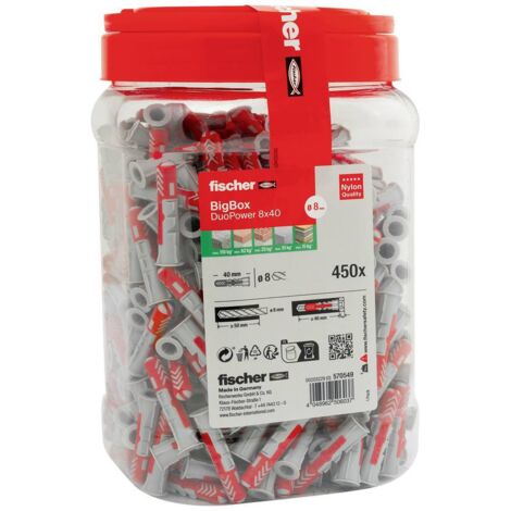 Fischer – Chevilles DuoPower 570549 pour béton armé – 40 mm, 8 mm, 450 pièces – Fixation sécurisée pour barres à rideaux et luminaires