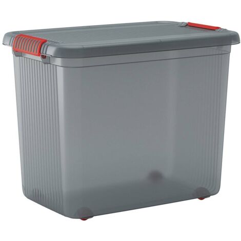 Boîte de rangement empilable 69L – Dimensions 590x450x390mm – Plastique gris fumé – Poignées ergonomiques et fermeture clipsable – KIS