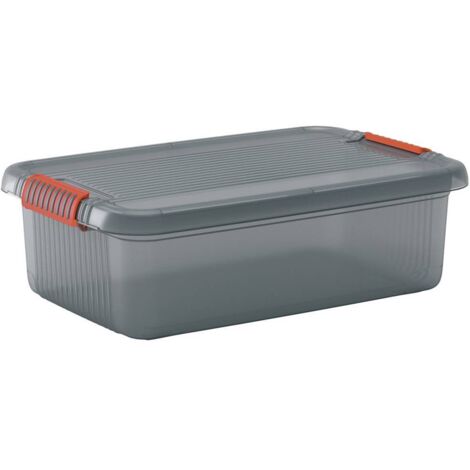 Malle de rangement 28L – Dimensions 590 x 180 x 390 mm – Plastique gris fumé – Empilable avec couvercle verrouillable – KIS