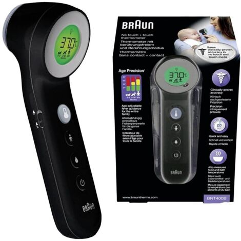 Braun – Thermomètre sans contact – Mesure rapide 2s – Plage 34-43°C – Mode silencieux pour enfants – Alimentation 2 piles AAA incluses - BNT400