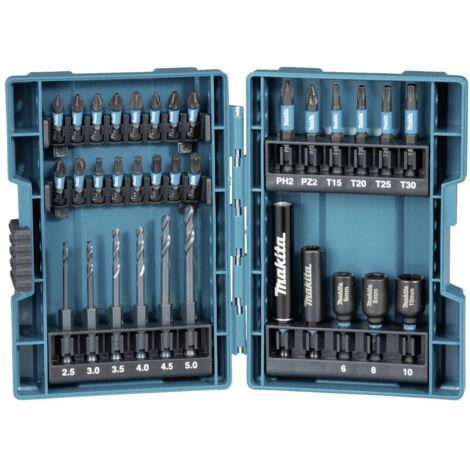 Makita – Set de 33 forets et embouts – B66896 – 16 embouts de 25 mm – 6 forets pour métal – Compatible visseuses hexagonales 1/4