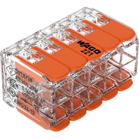 Borne de raccordement WAGO 221-420-15 flexible: 0.14-4 mm² rigide: 0.2-4 mm² Nombre de pôles: 10 transparent, orange 15 pc(s) Y001333