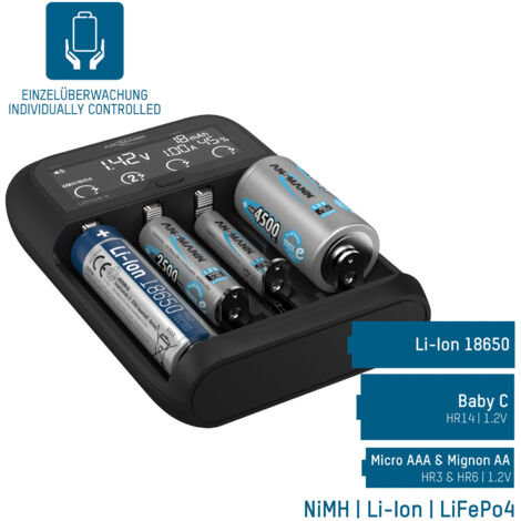 Ansmann Lithium 4 Universalladegerät mit 2x 18650 Akkuzellen (2600mAh) Chargeur Li-ion, LiFePO4, NiMH 18500, 18650, 145 (1/5)