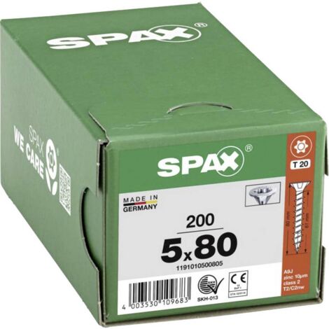 Spax – Vis à bois Torx 5 x 80 mm – Tête fraisée – Filetage total – Boîte de 200 unités – Acier WIROX pour bois dur