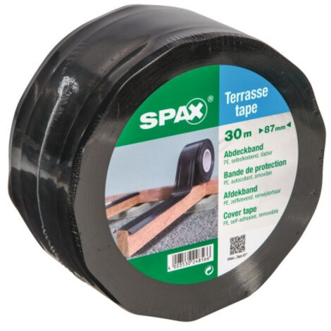 Spax – Ruban adhésif noir 30 m x 87 mm – Étanchéité pour lambourdes de terrasse – Polyéthylène basse densité – Résistant aux UV - MM 1 PC