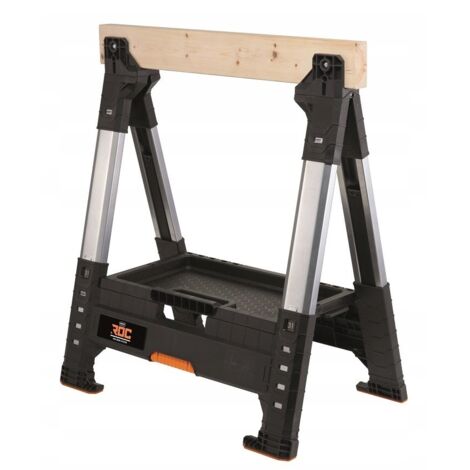 Keter – Établi de sciage ajustable 1360 kg – Surface en bois amovible – Pieds métalliques ajustables – Dimensions 71 x 82 cm – Hauteur réglable 78 à 99 cm (1/6)