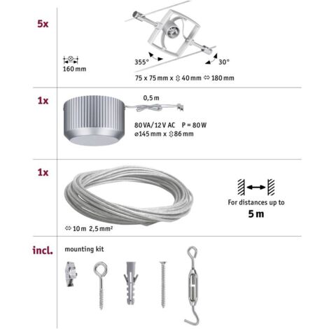 Paulmann MacII 94133 Système complet d'éclairage sur câble GU5.3 50 W LED chrome (mat)