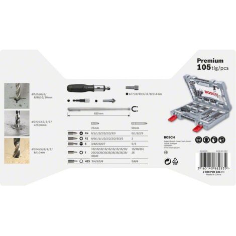Bosch – Foret à métaux pour perceuse – Lot de 105 pièces – 8 forets à béton, 8 forets à métaux HSS-G, 8 forets à bois – 2608P00236