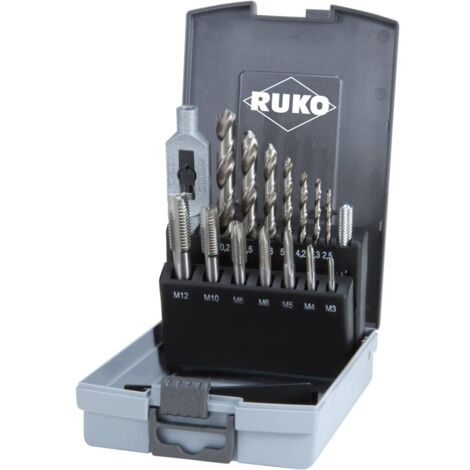 Ruko – Coffret de 15 tarauds à inciser HSS – 7 tarauds DIN 352 M3 à M12 – 7 forets hélicoïdaux DIN 338 Ø 2,5 à 10,2 mm – 1 filière DIN 1814