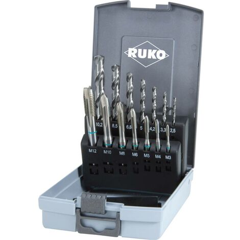 Ruko – Coffret de 14 tarauds HSS forme B – M3 à M12 – 7 forets hélicoïdaux DIN 338 Ø 2,5 à 10,2 mm – Pour perçage précis