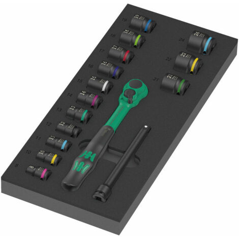 Wera – Coffret cliquet et douilles 16 pièces – Cliquet Zyklop Comfort 8010 B 3/8" – Revêtement plastique anti-froid – Technologie Impaktor