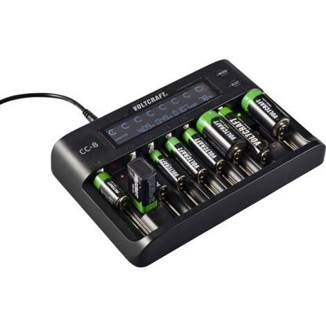Chargeur de piles rondes VOLTCRAFT CC-8 Li-ion, LiFePO, NiMH, NiCd A, LR6 (AA), LR03 (AAA), LR8 (AAAA), 6LR61 (9 V), LR